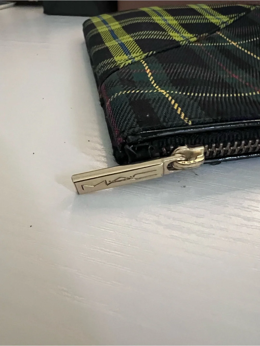 MAC Cosmetics Plaid Zip Pouch with Gold Crest and Stud Accents